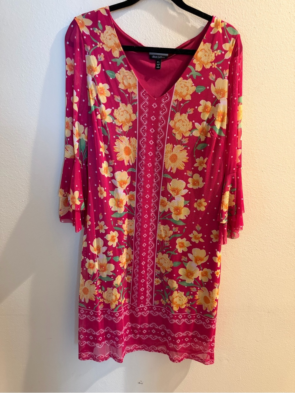 Women’s Allison Brittney Pink Floral V-Neck Bell Sleeve Shift Knee Dress XL